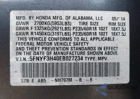 2014 Honda Pilot Ex из США, поврежденный, VIN 5FNYF3H40EB027234